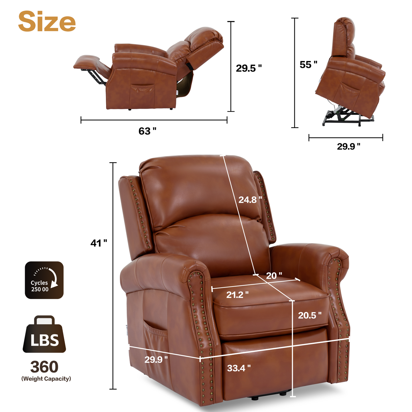 Emery Electric Power Recliner Chair - Caramel