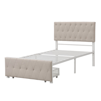 Apex Twin Size Storage Bed Metal Platform Bed with Drawer - Beige