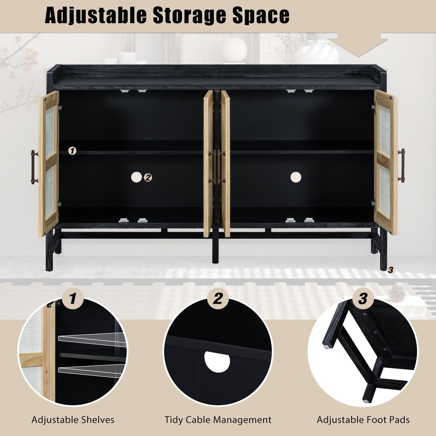 Hana Rattan Doors Sideboard Buffet - Black