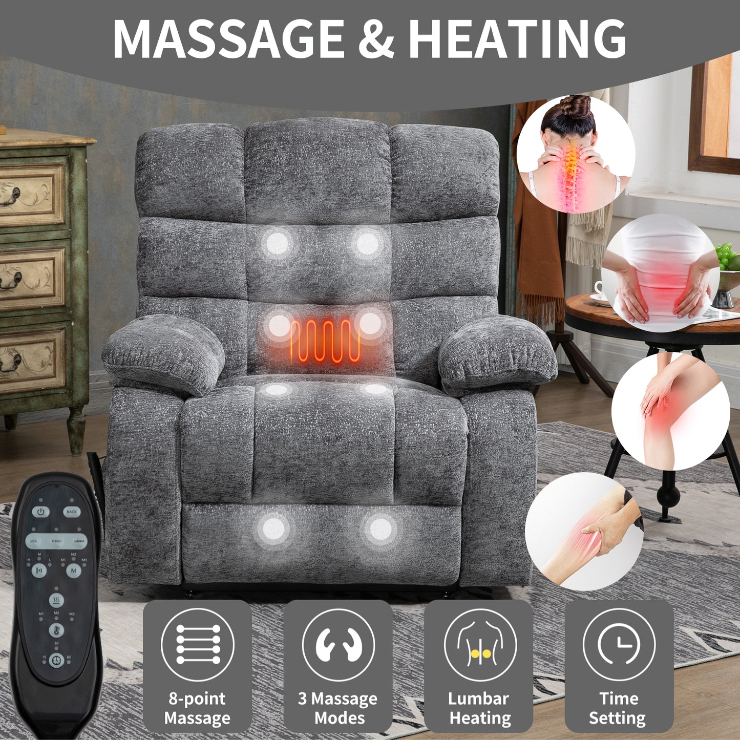 Livia Lift Recliner Chair Heat Massage Dual Motor - Gray