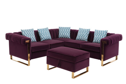 Maddie Velvet 5-Seater Sectional Sofa with Storage Ottoman - Purple