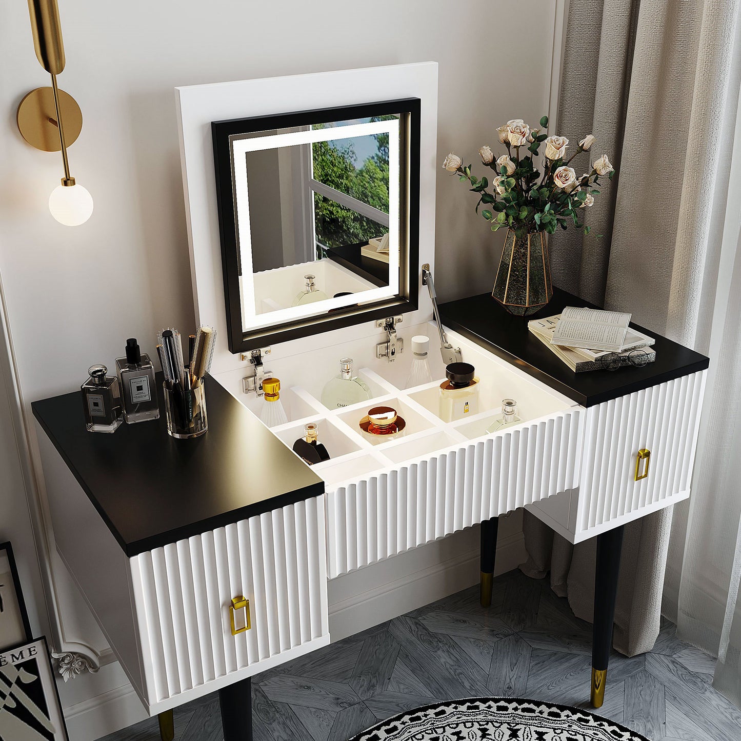 Marble Glow Makeup Vanities Table Set -   White and Black
