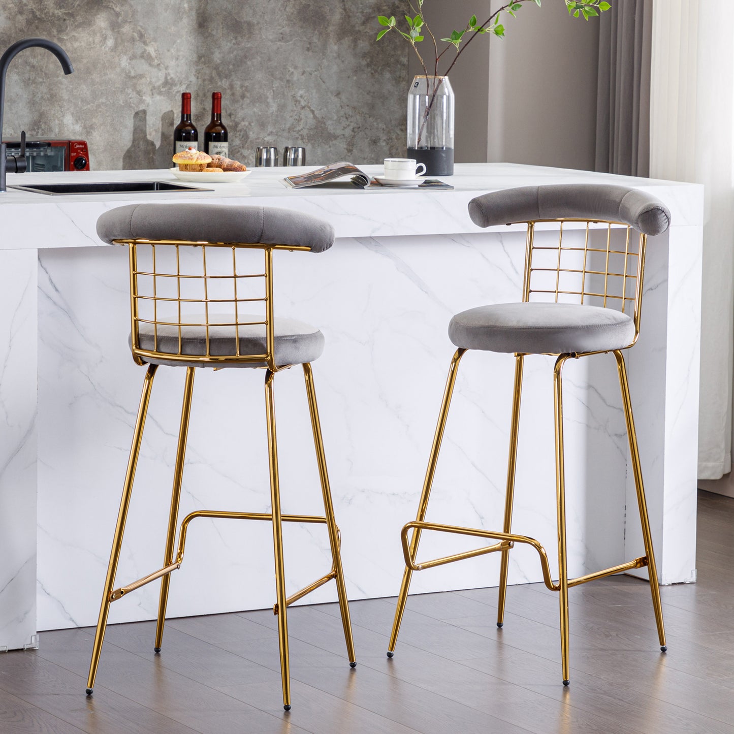 Retro Luxury Velvet  High Bar Stool  - Gray Set of 2