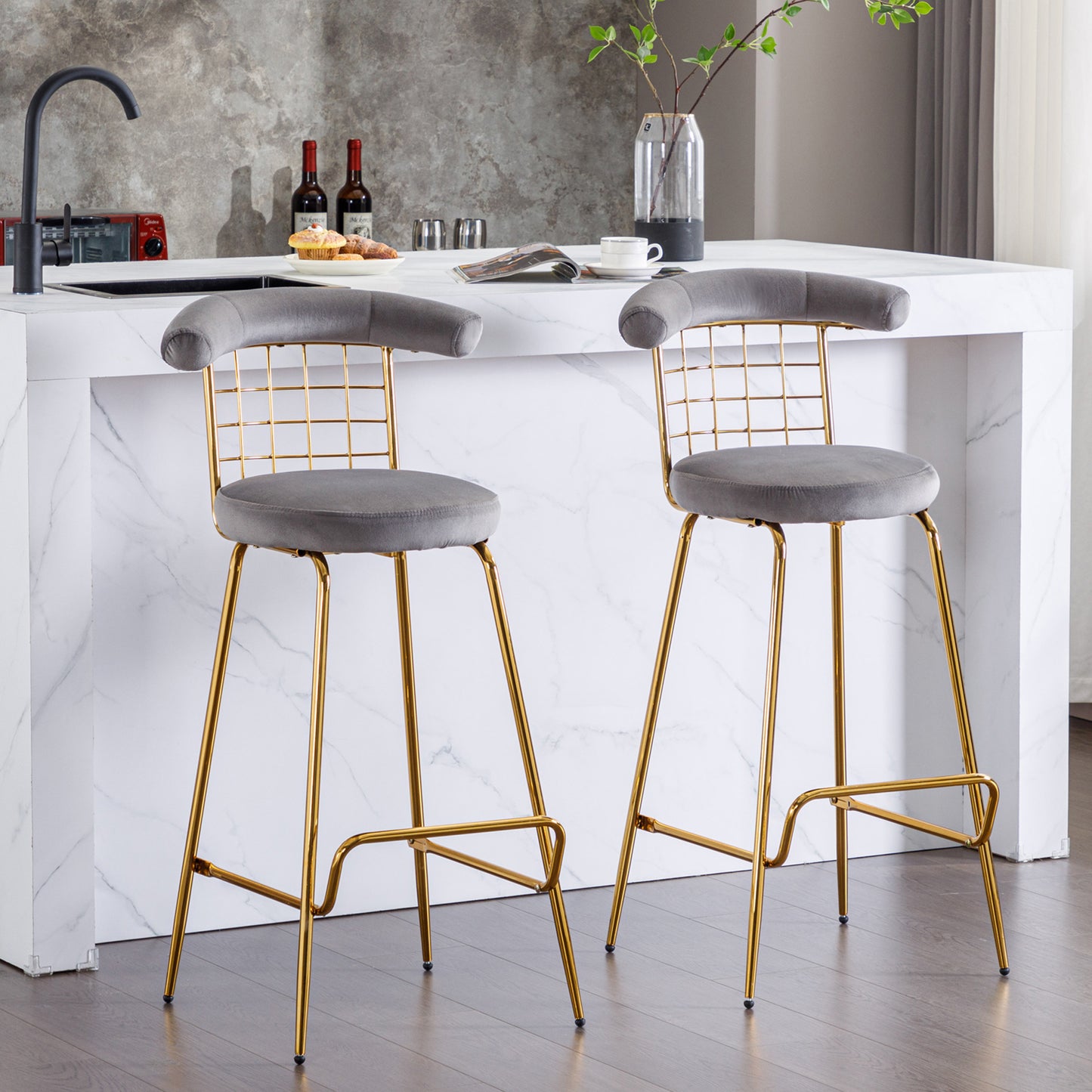 Retro Luxury Velvet  High Bar Stool  - Gray Set of 2