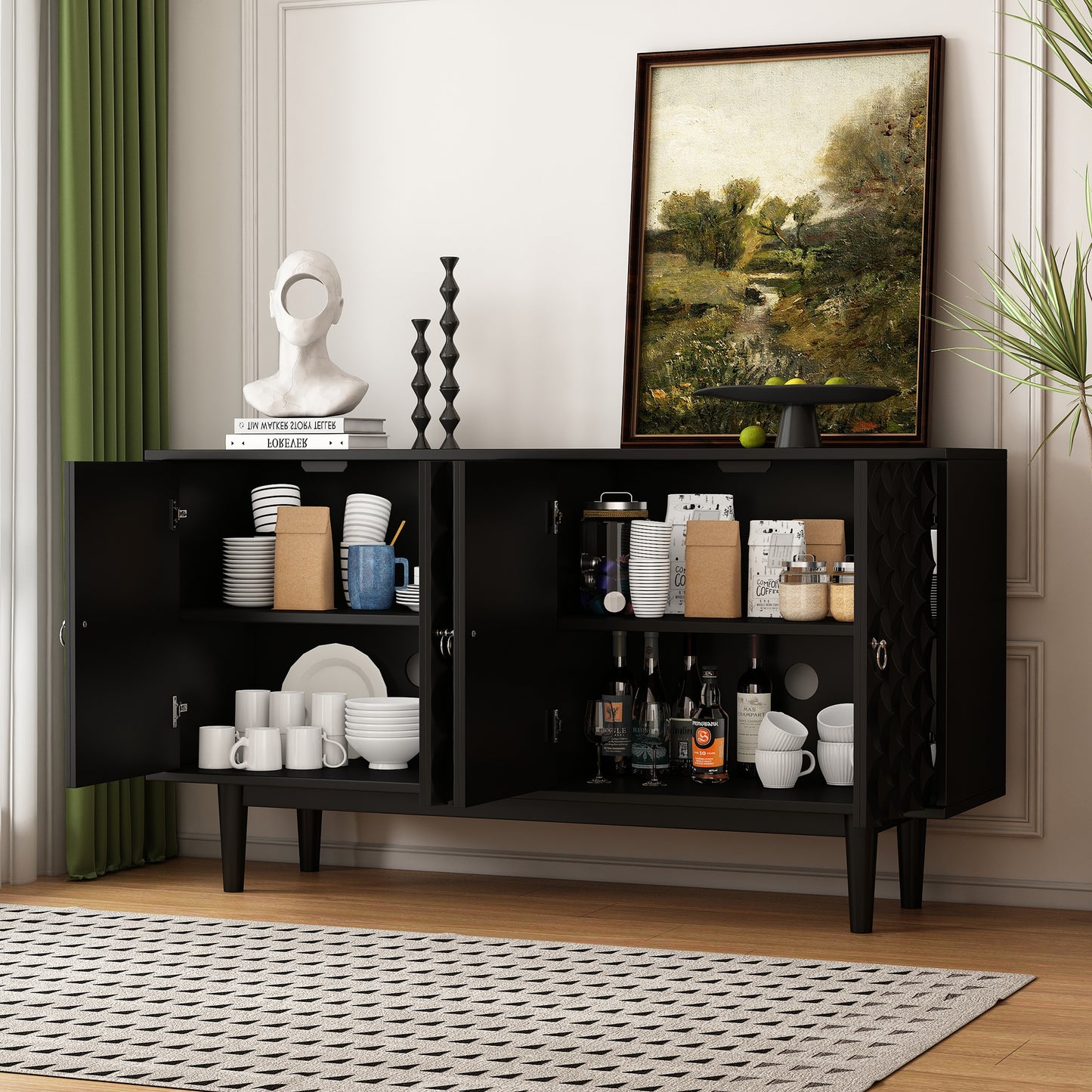 Celeste Convex Pattern Doors Sideboard Buffet - Black