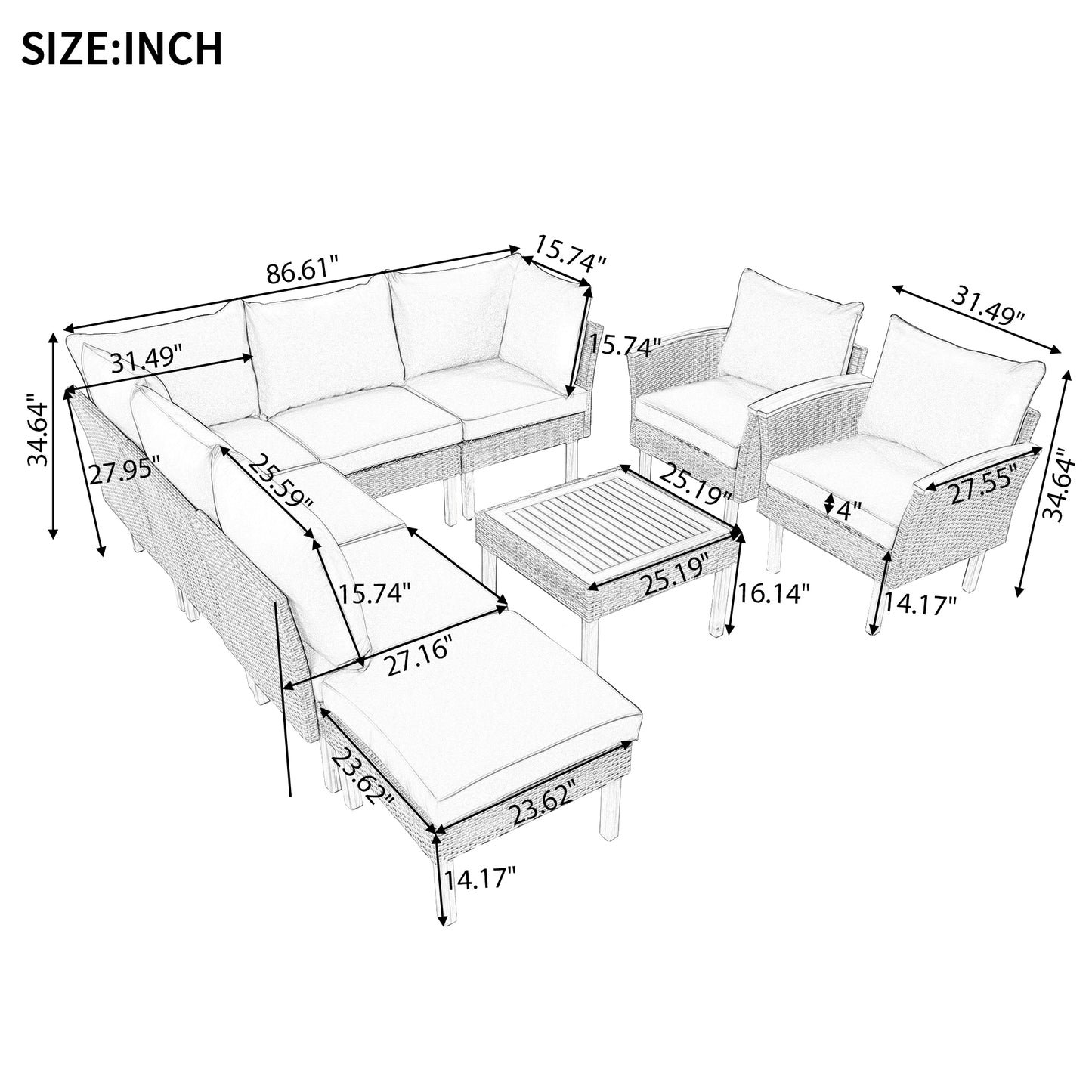 Dario 9 Pc Patio Rattan Furniture Set - Gray