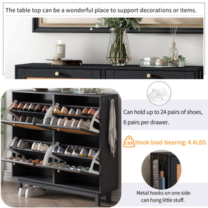 Rattan Boho Style Shoe Cabinet - Black