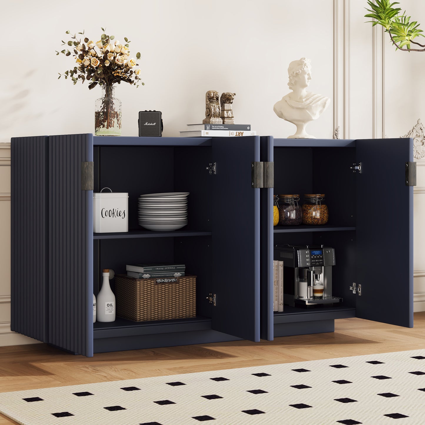 Lyons 4 Wavy Doors Ample Storage Space Sideboar - Navy Blue
