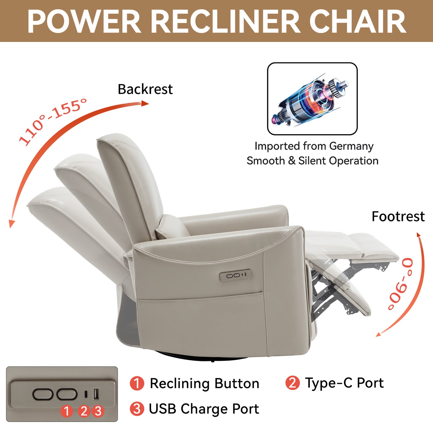 Spencer Swivel and Rocker Power Recliner Chair - Beige