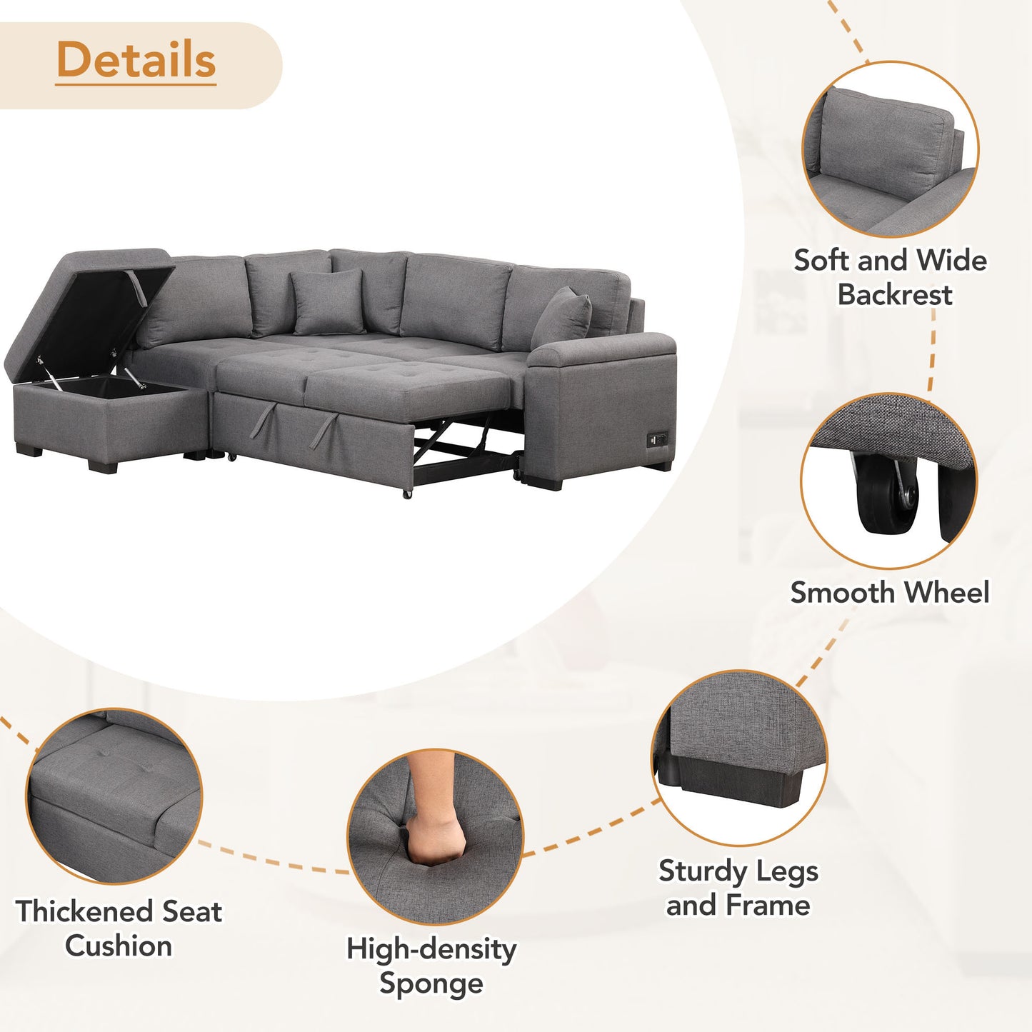 Kwame Sleeper Sectional Sofa - Dark Gray
