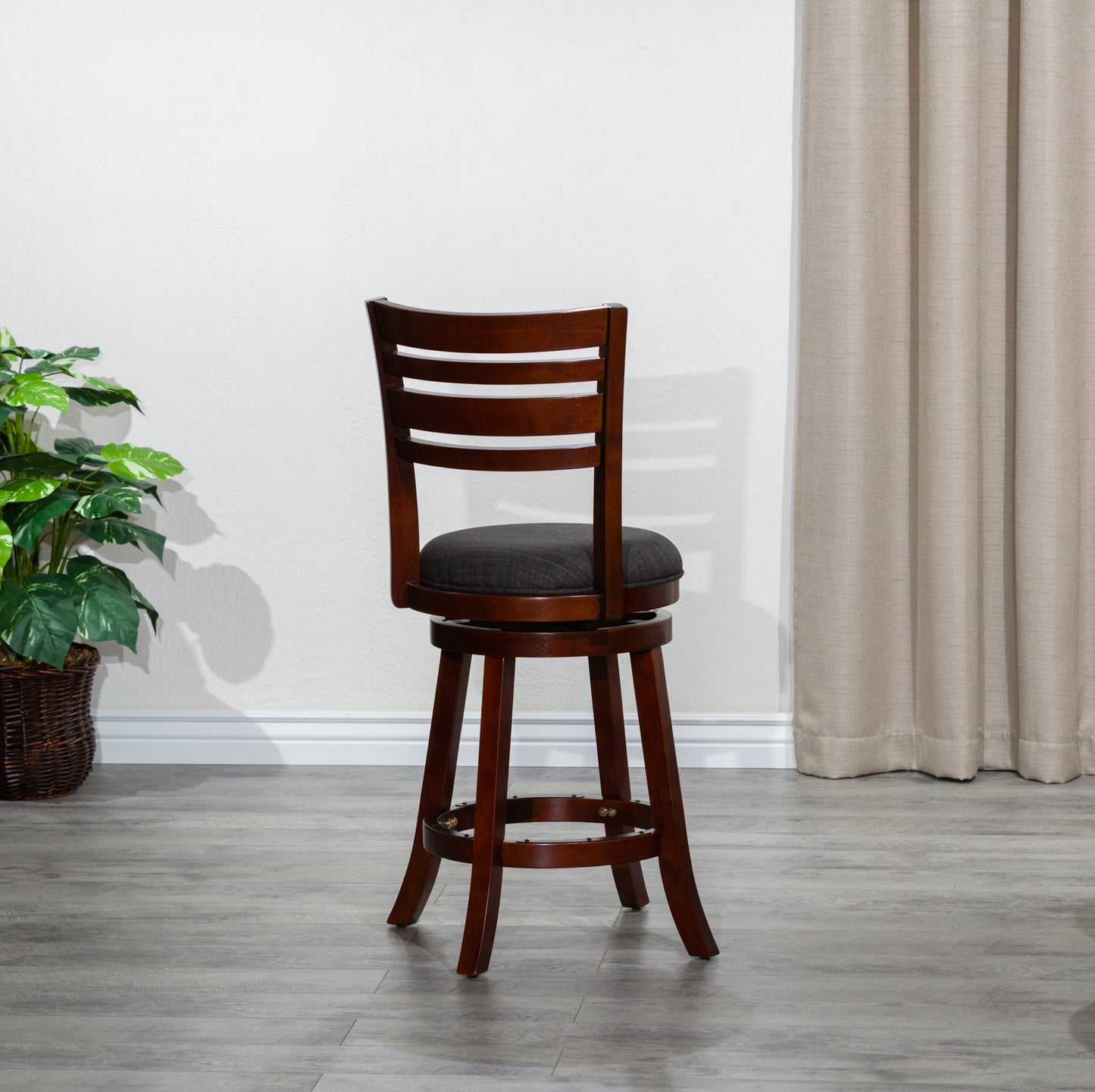 Counter Height Slat Back Swivel Stool, Cherry Finish, Charcoal Fabric Seat