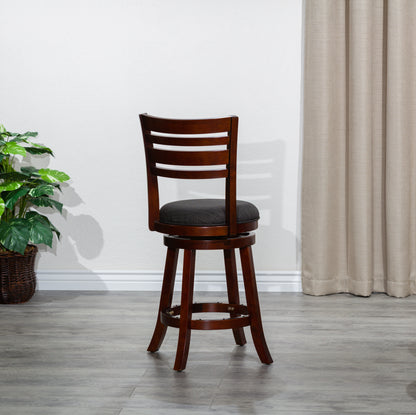 Counter Height Slat Back Swivel Stool, Cherry Finish, Charcoal Fabric Seat