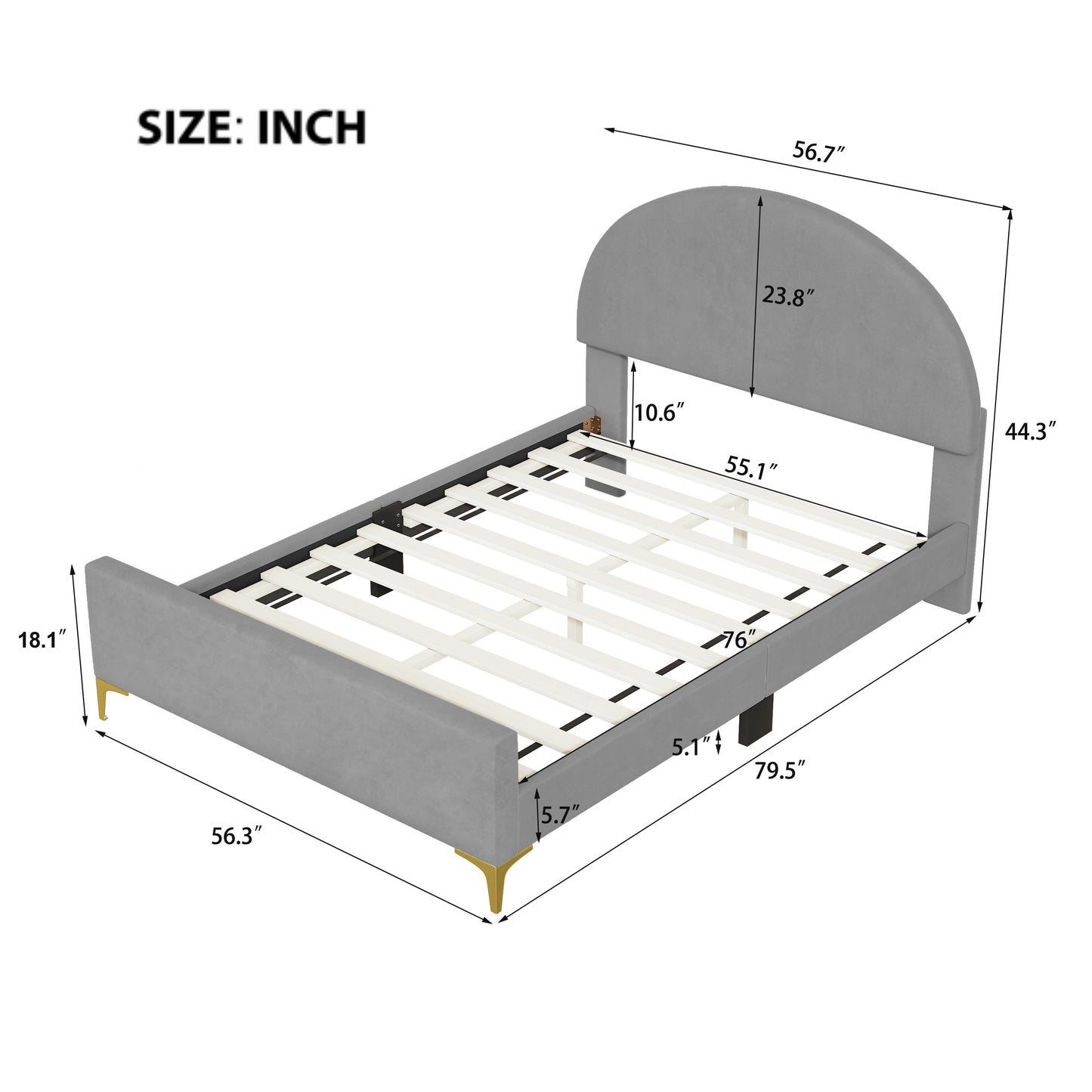 Lynn Full Size Velvet Platform Bed w Mental Legs - Gray