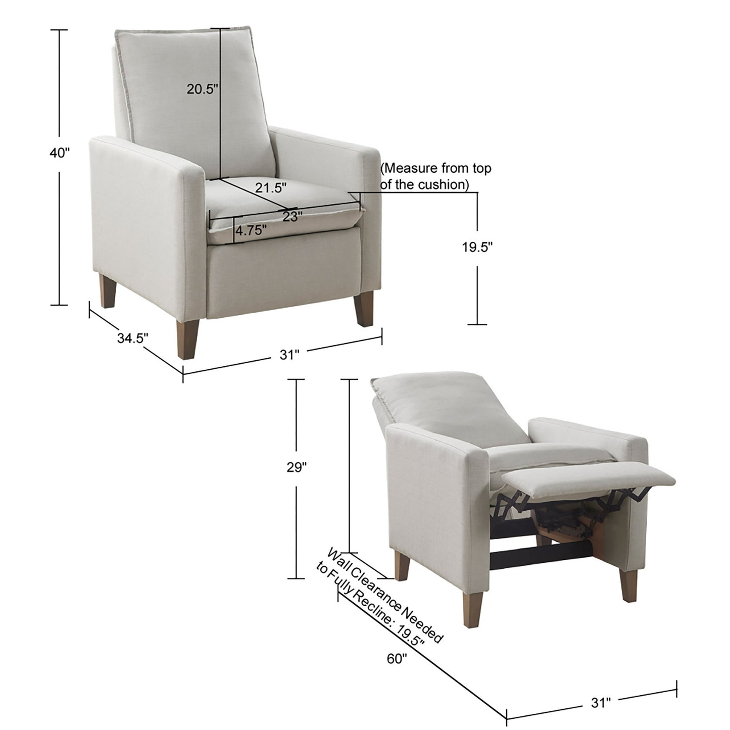 Hugo Upholstered Manual Push Back Recliner - Ivory