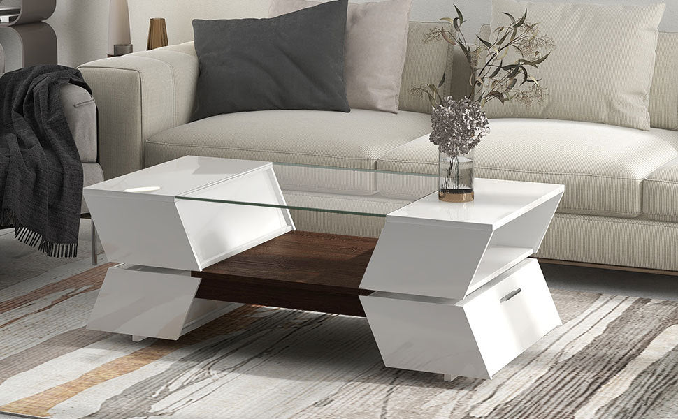 Geo Storage Glass-Top Coffee Table - White