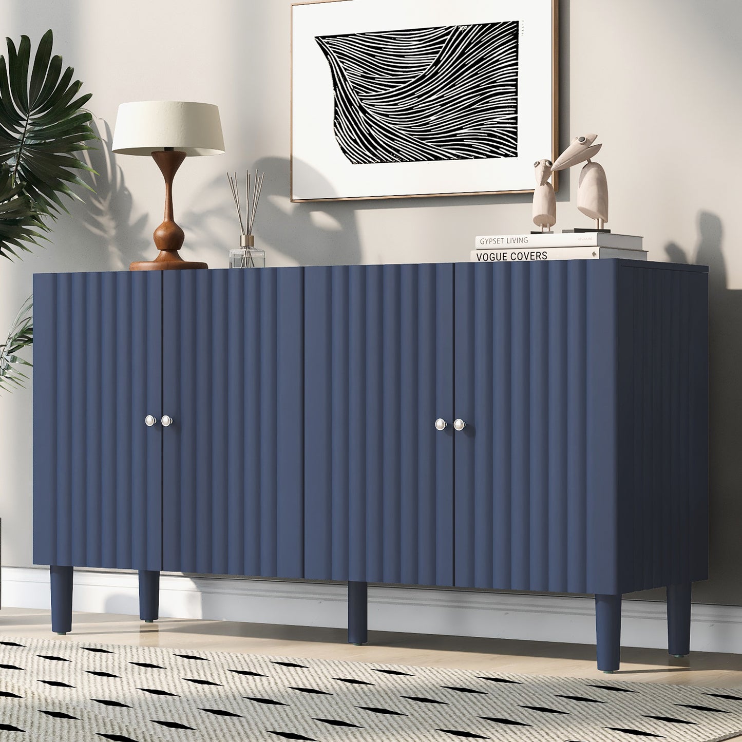 Butler Wavy Pattern Doors Sideboard Buffet - Navy Blue