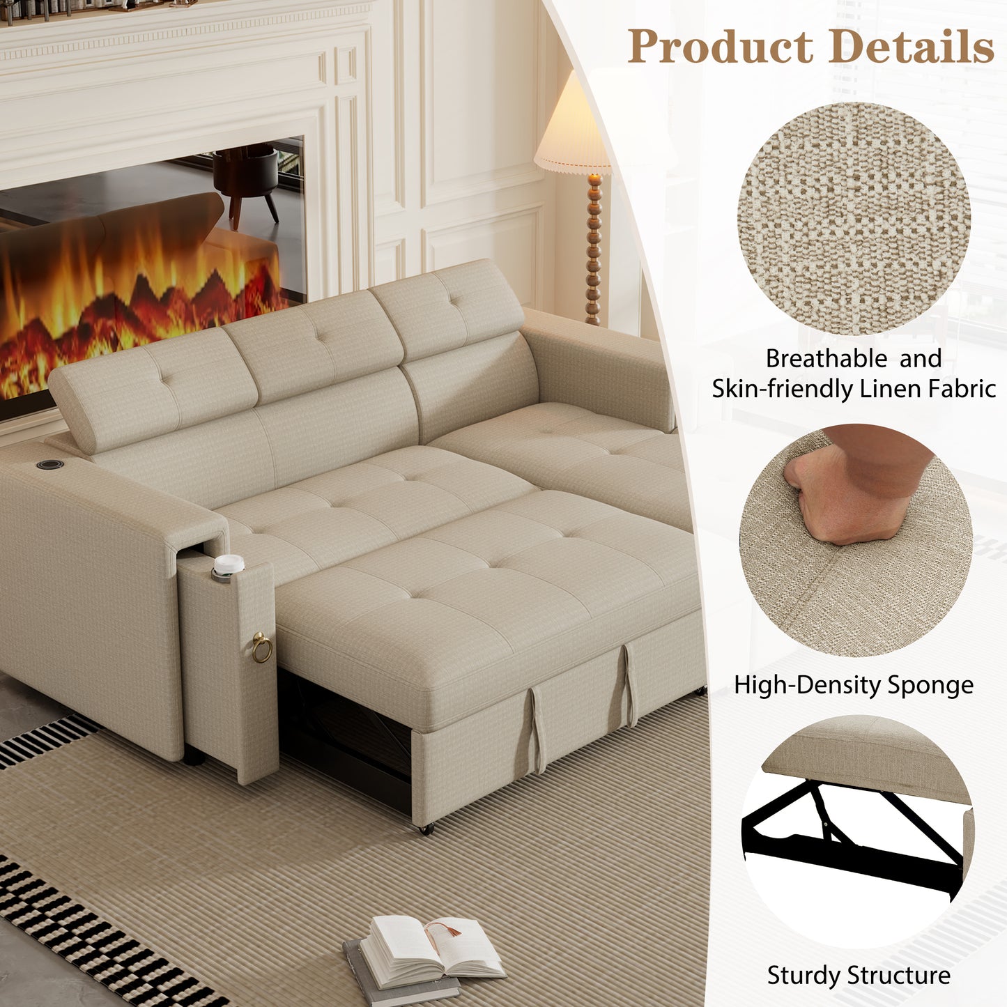 Tumic Pull-Out Sofa Bed L-Shape Sectional Sofa - Beige