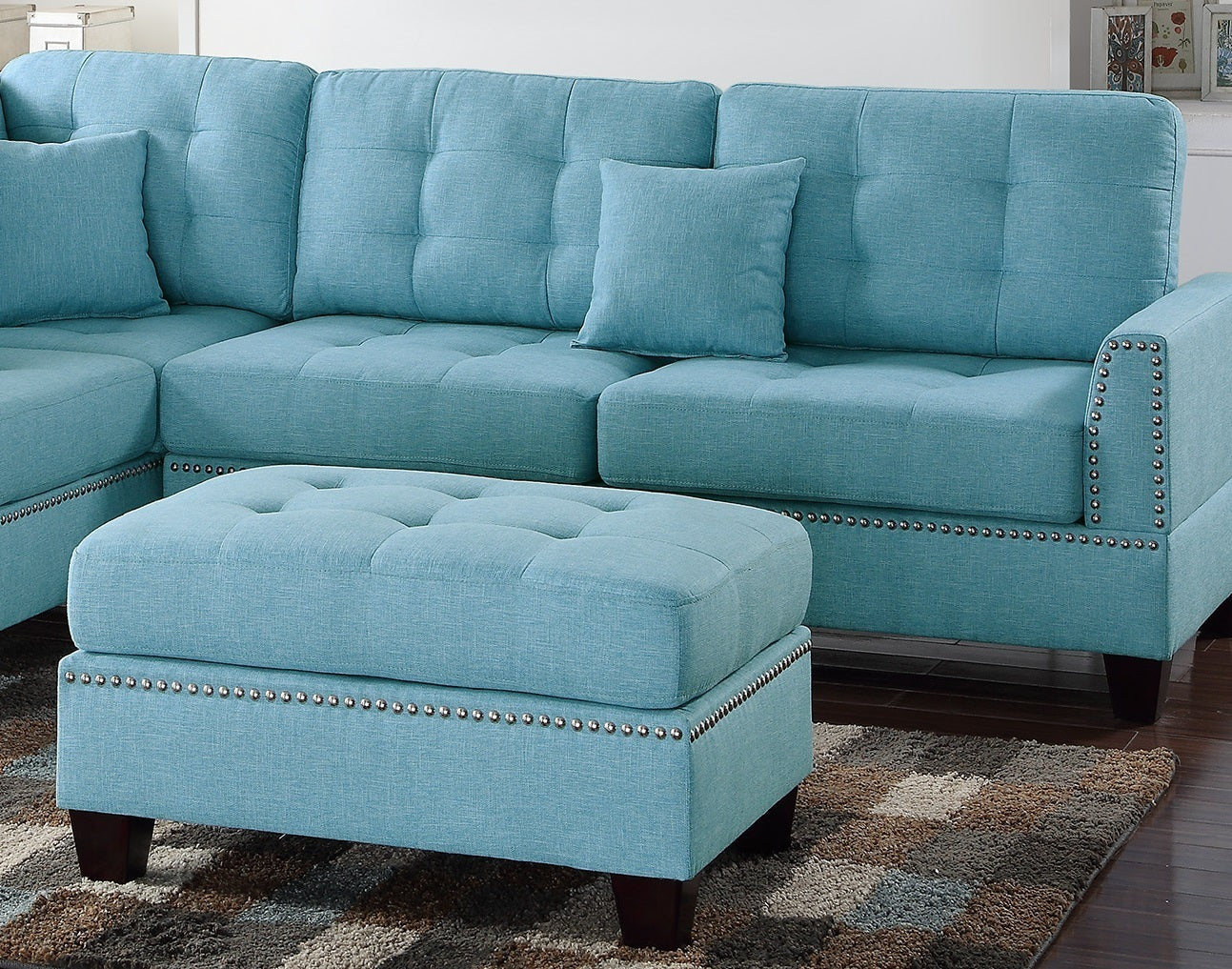 Amara 3pcs Sectional Reversible Chaise Sofa And Ottoman - Blue