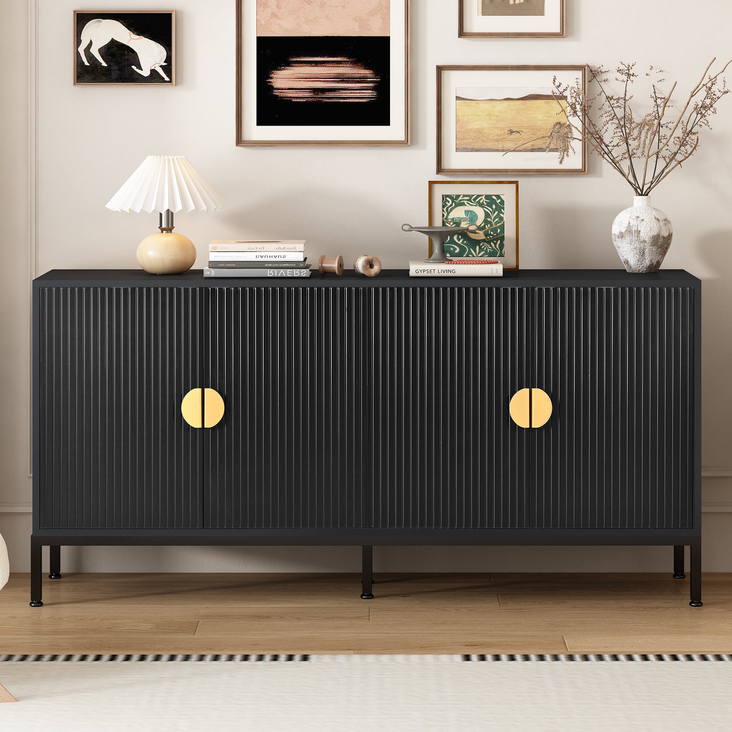 Exquisite Vertical-Striped Four-Door Sideboard - Black