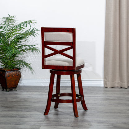 Counter Height X-Back Swivel Stool, Cherry Finish, Beige Fabric Seat