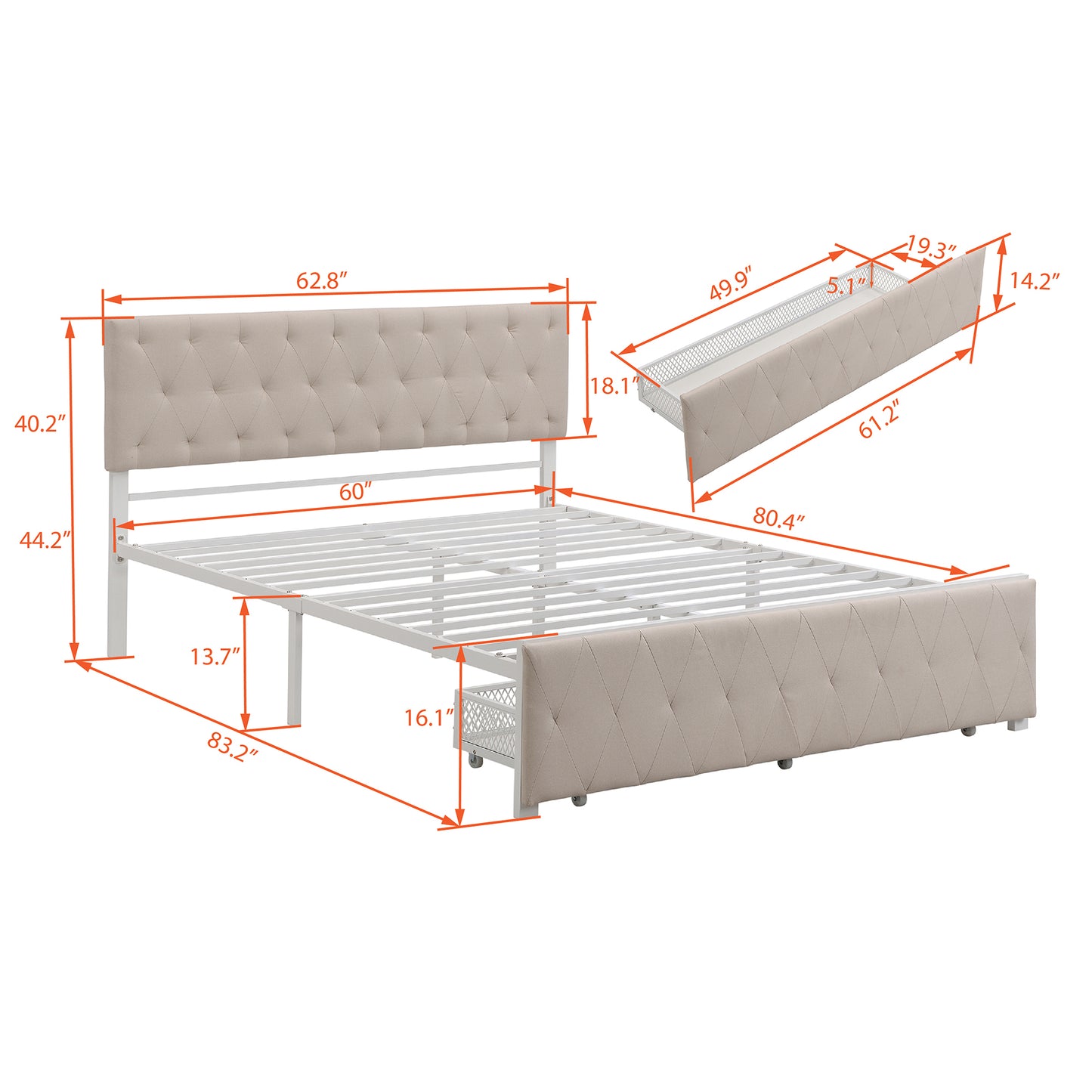 Apex Queen Size Storage Bed Metal Platform Bed with Drawer - Beige