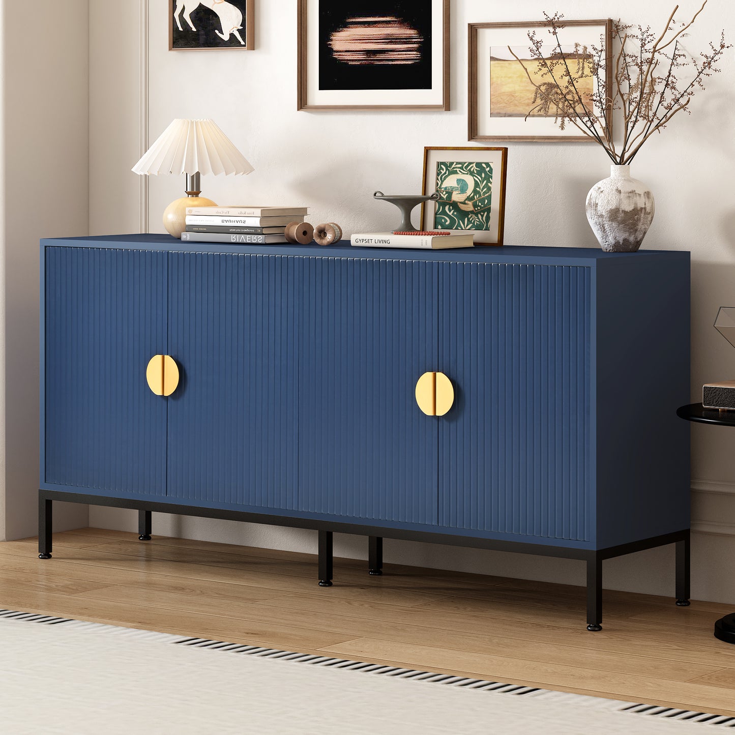 Exquisite Vertical-Striped Four-Door Sideboard - Navy Blue
