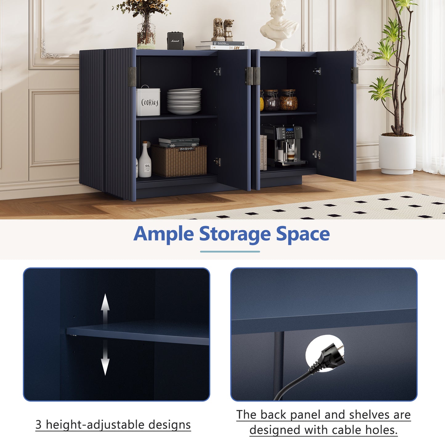 Lyons 4 Wavy Doors Ample Storage Space Sideboar - Navy Blue