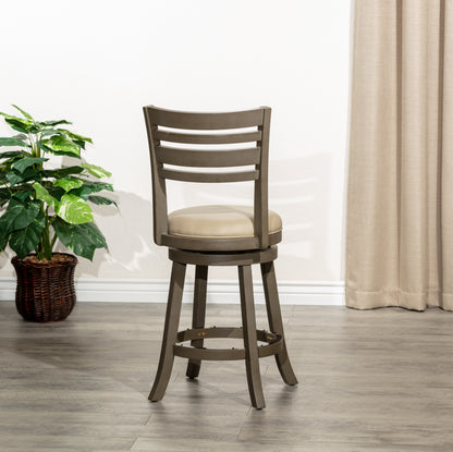 Counter Height Slat Back Swivel Stool, Weathered Gray Finish, French Gray Leather Seat