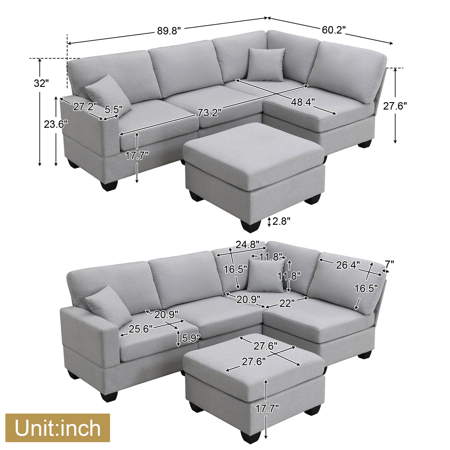Aria 5-Seat Modular Sectional Set with Convertible Ottoman - Gray