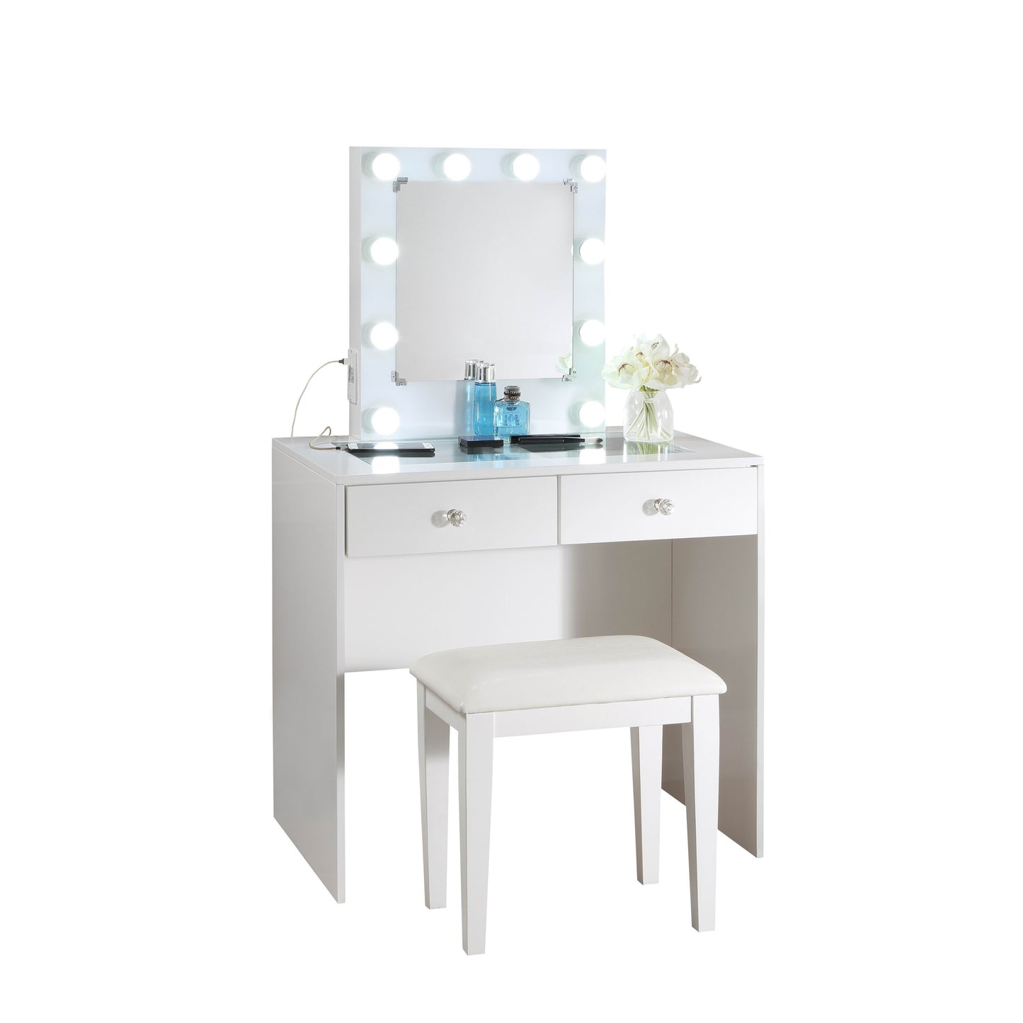 Skyla Makeup Vanity and Stool Set with 10 Lights - White