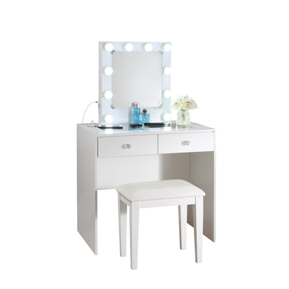 Skyla Makeup Vanity and Stool Set with 10 Lights - White