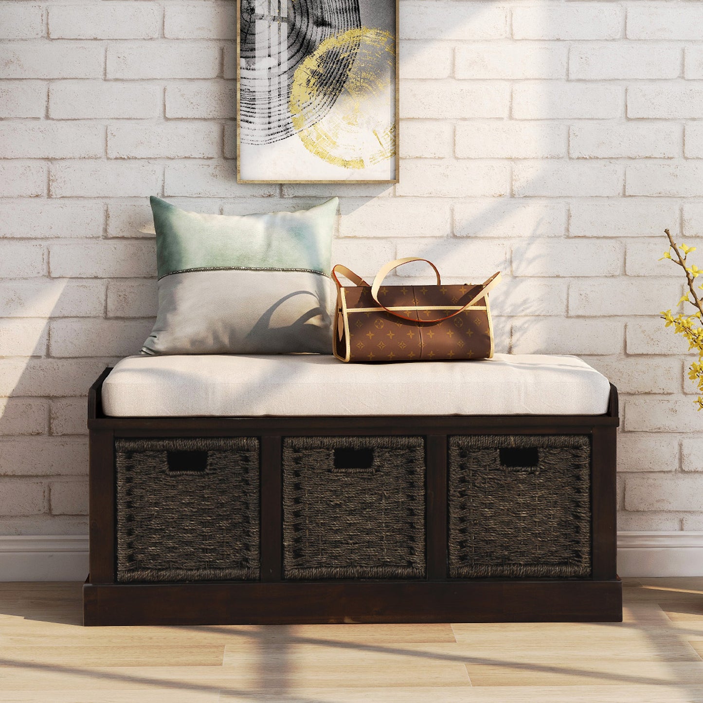 Bella Storage Bench with 3 Removable Classic Rattan Basket - Espresso