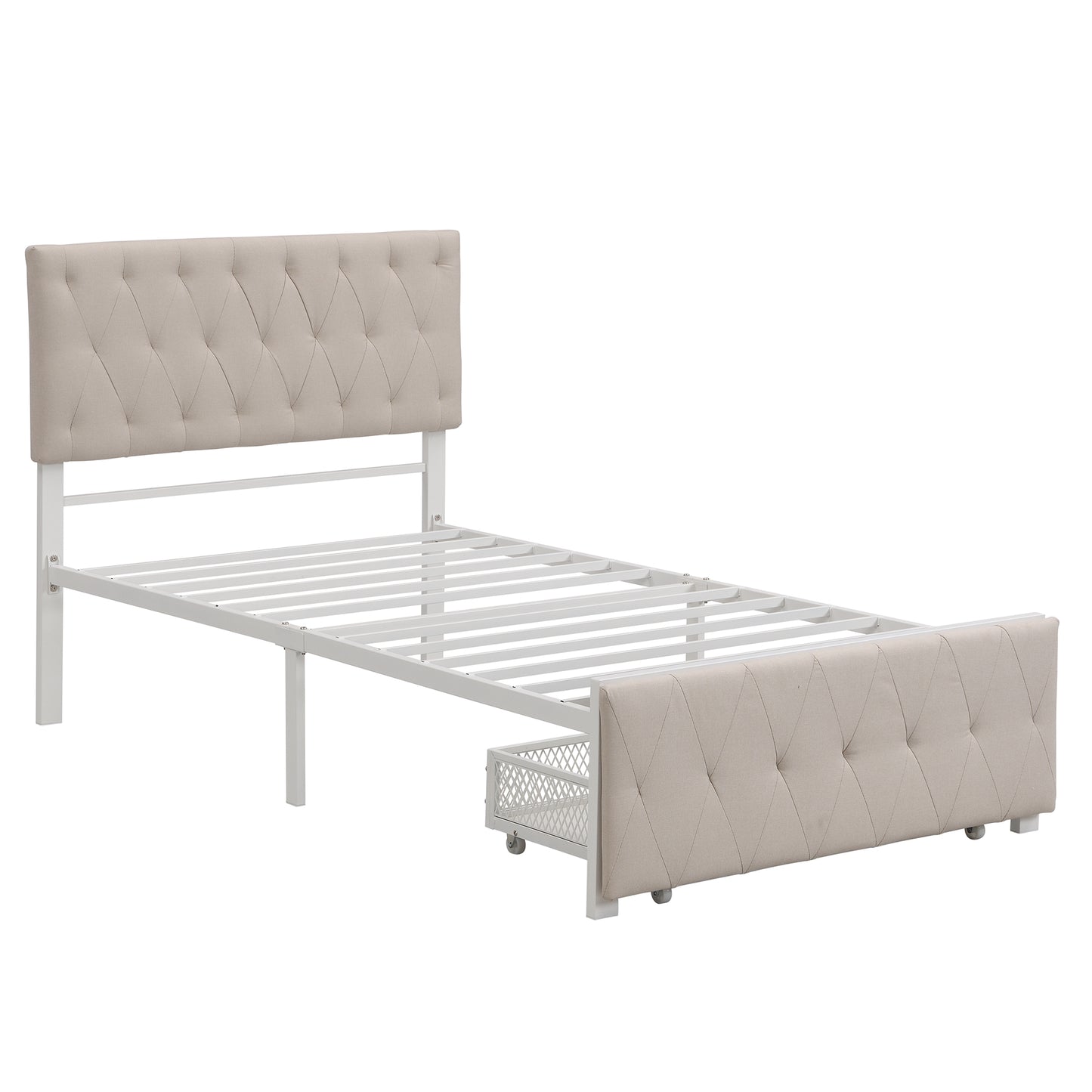 Apex Twin Size Storage Bed Metal Platform Bed with Drawer - Beige