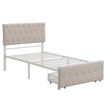 Apex Twin Size Storage Bed Metal Platform Bed with Drawer - Beige