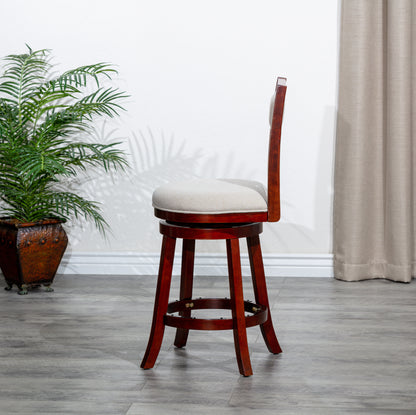 Counter Height X-Back Swivel Stool, Cherry Finish, Beige Fabric Seat