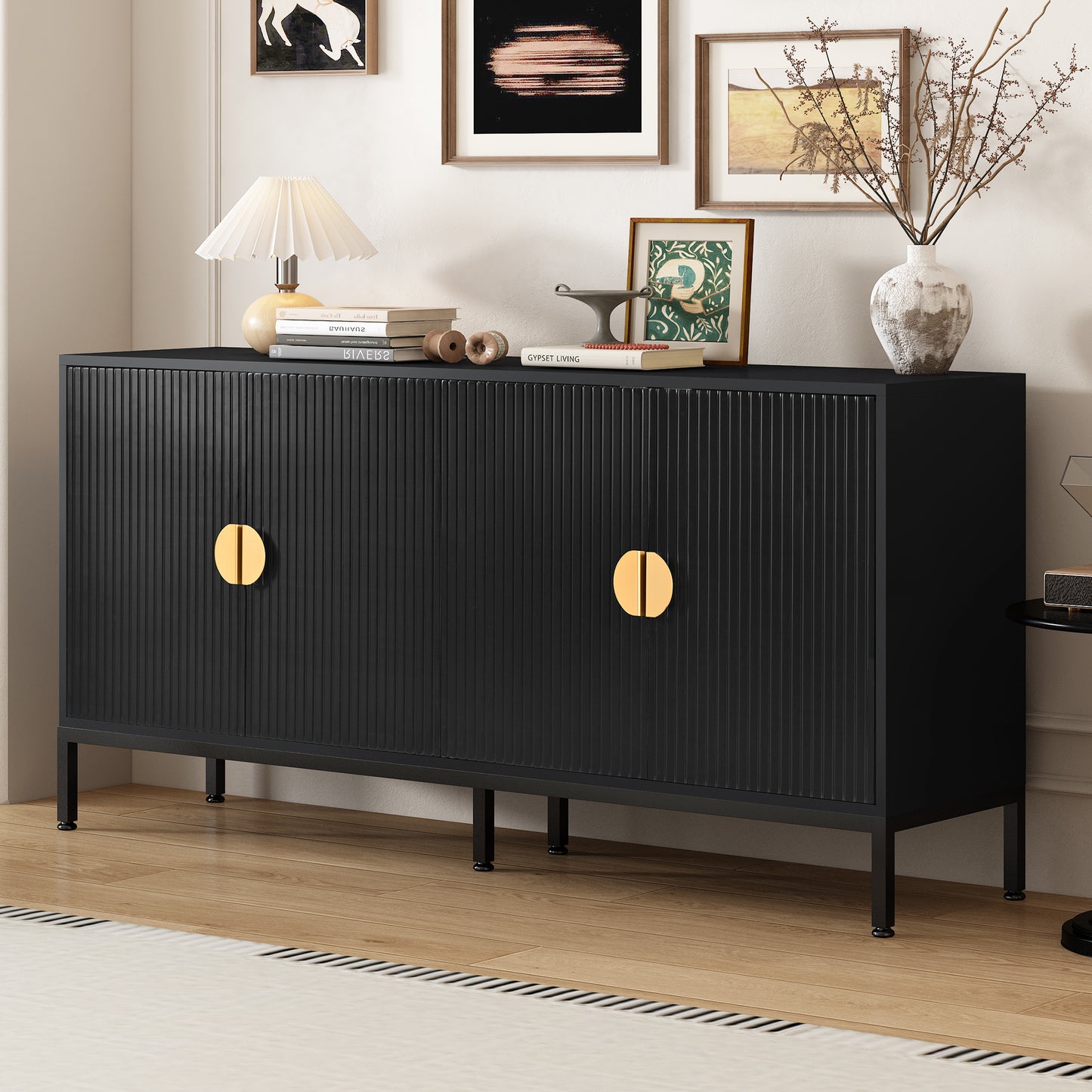Exquisite Vertical-Striped Four-Door Sideboard - Black