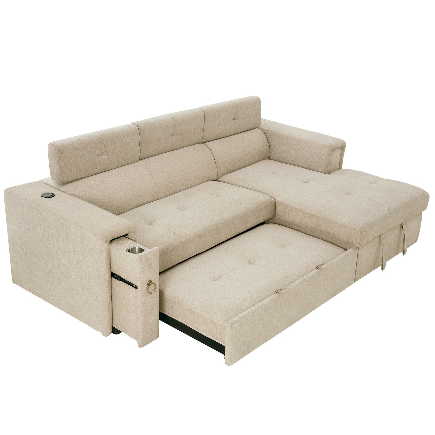 Tumic Pull-Out Sofa Bed L-Shape Sectional Sofa - Beige
