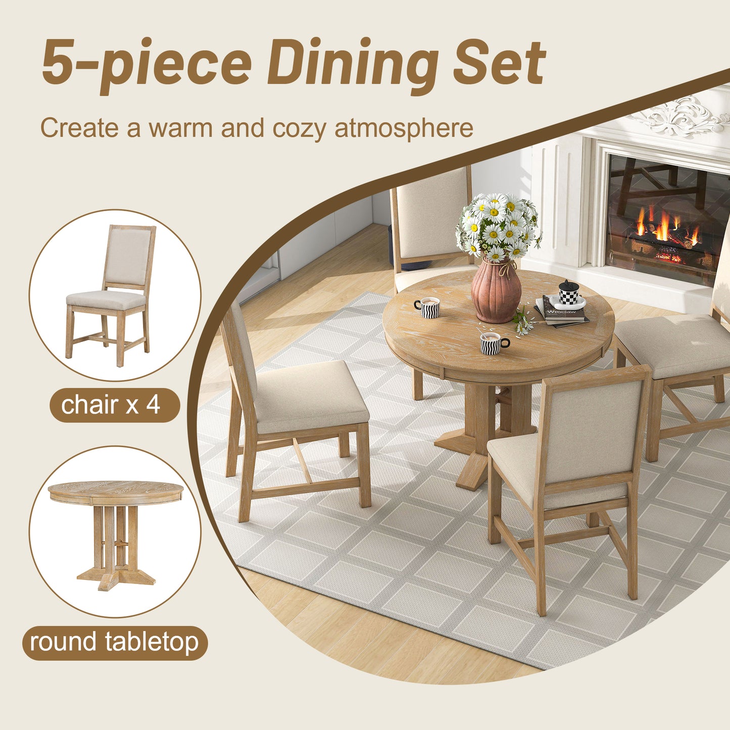 Alba 5pc Dining Set Extendable Table 4x Side Chairs - Natural