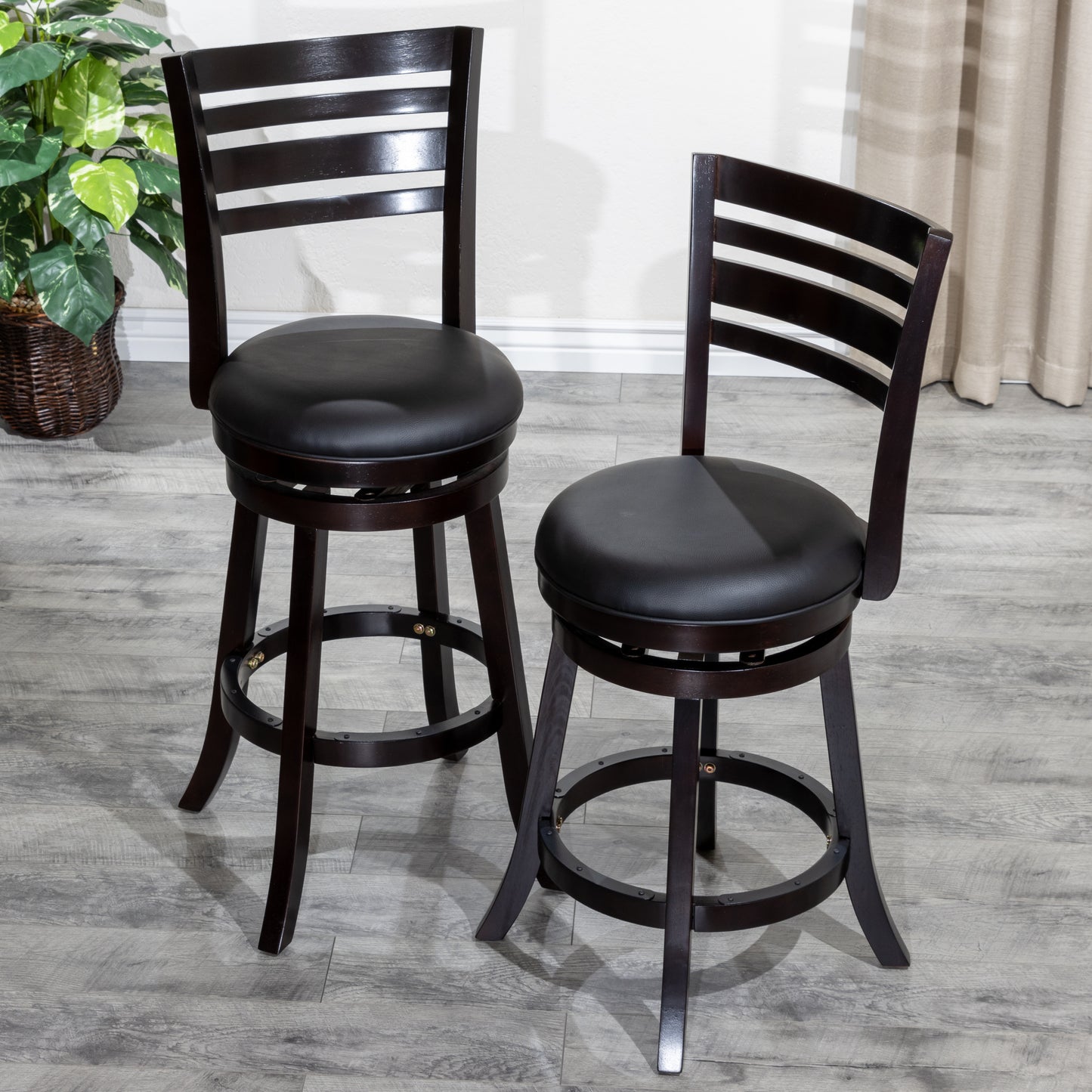 Counter Height Slat Back Swivel Stool, Espresso Finish, Black Leather Seat