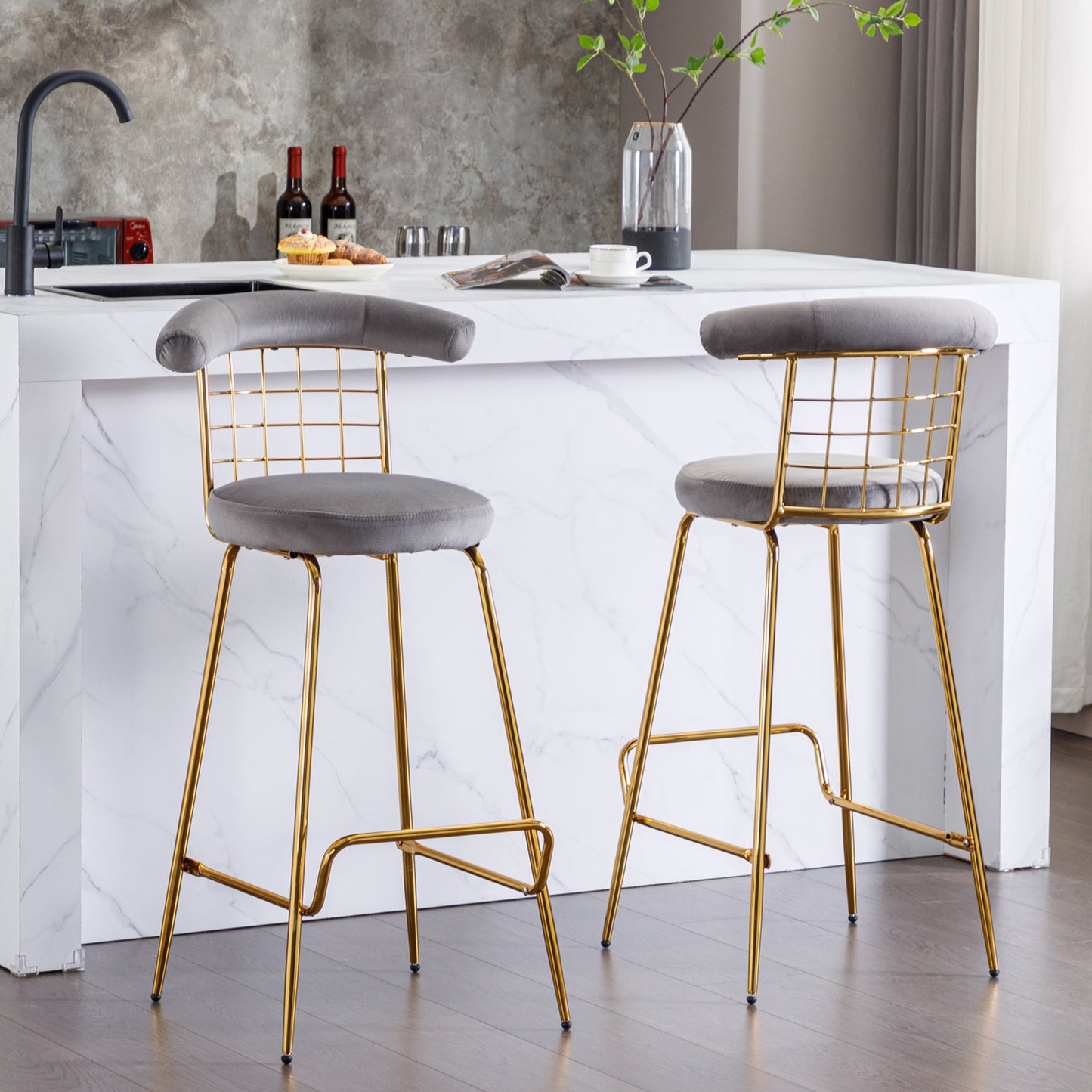 Retro Luxury Velvet  High Bar Stool  - Gray Set of 2