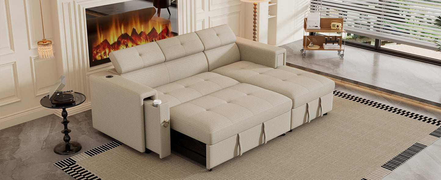 Tumic Pull-Out Sofa Bed L-Shape Sectional Sofa - Beige
