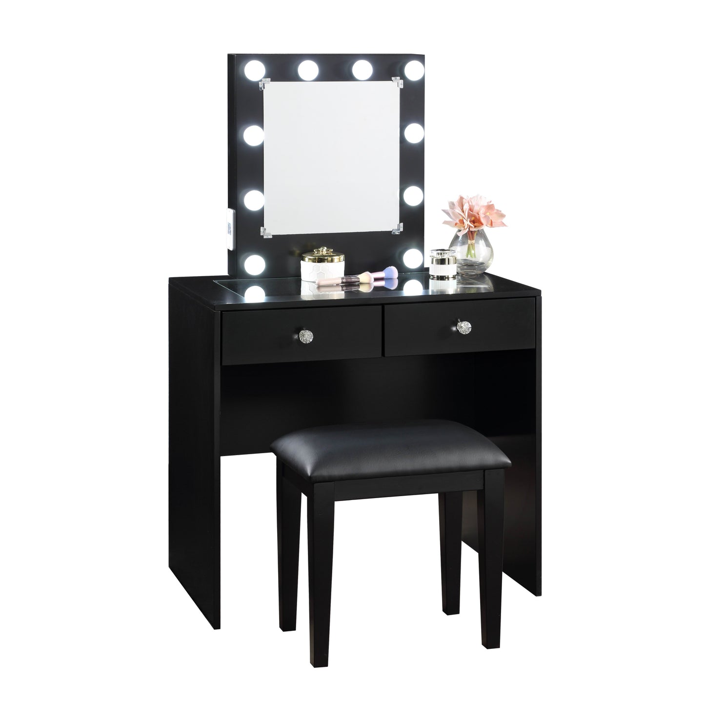 Skyla Makeup Vanity and Stool Set with 10 Lights - Black