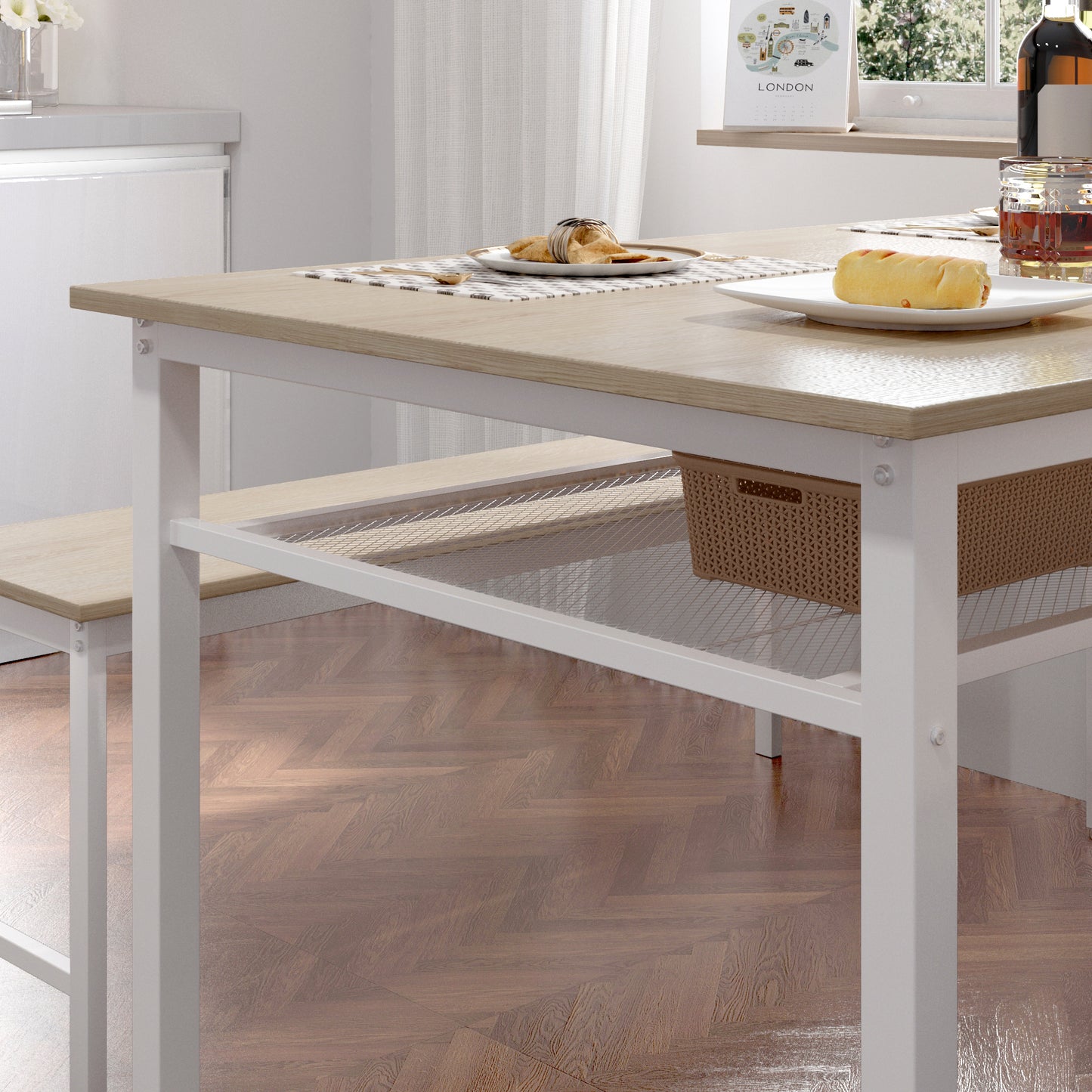 Moss 3pc Dining Set Farmhouse Table with 2 Benches - White Oak