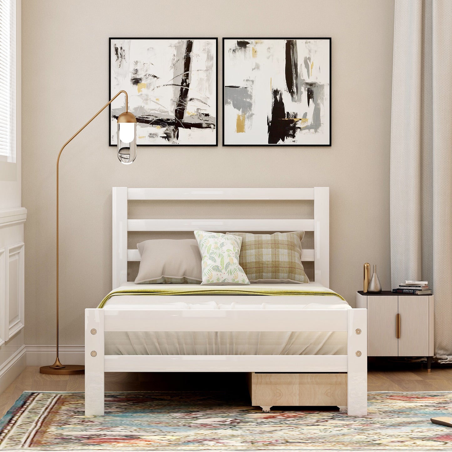 Cyril Twin Size Wood Platform Bed with Dual Drawers - White