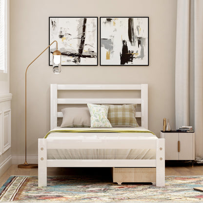 Cyril Twin Size Wood Platform Bed with Dual Drawers - White