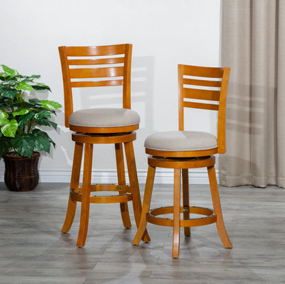 Counter Height Slat Back Swivel Stool, Natural Finish, Beige Fabric Seat