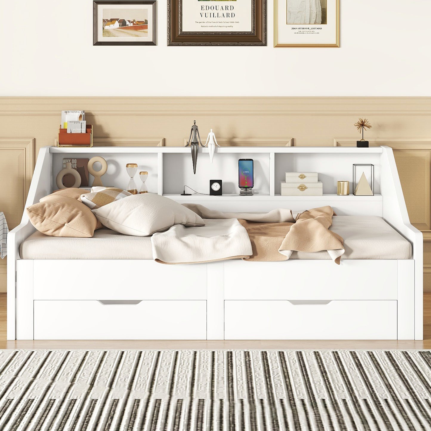 Zion Twin to King Size Daybed  with Storage Bookcases - White