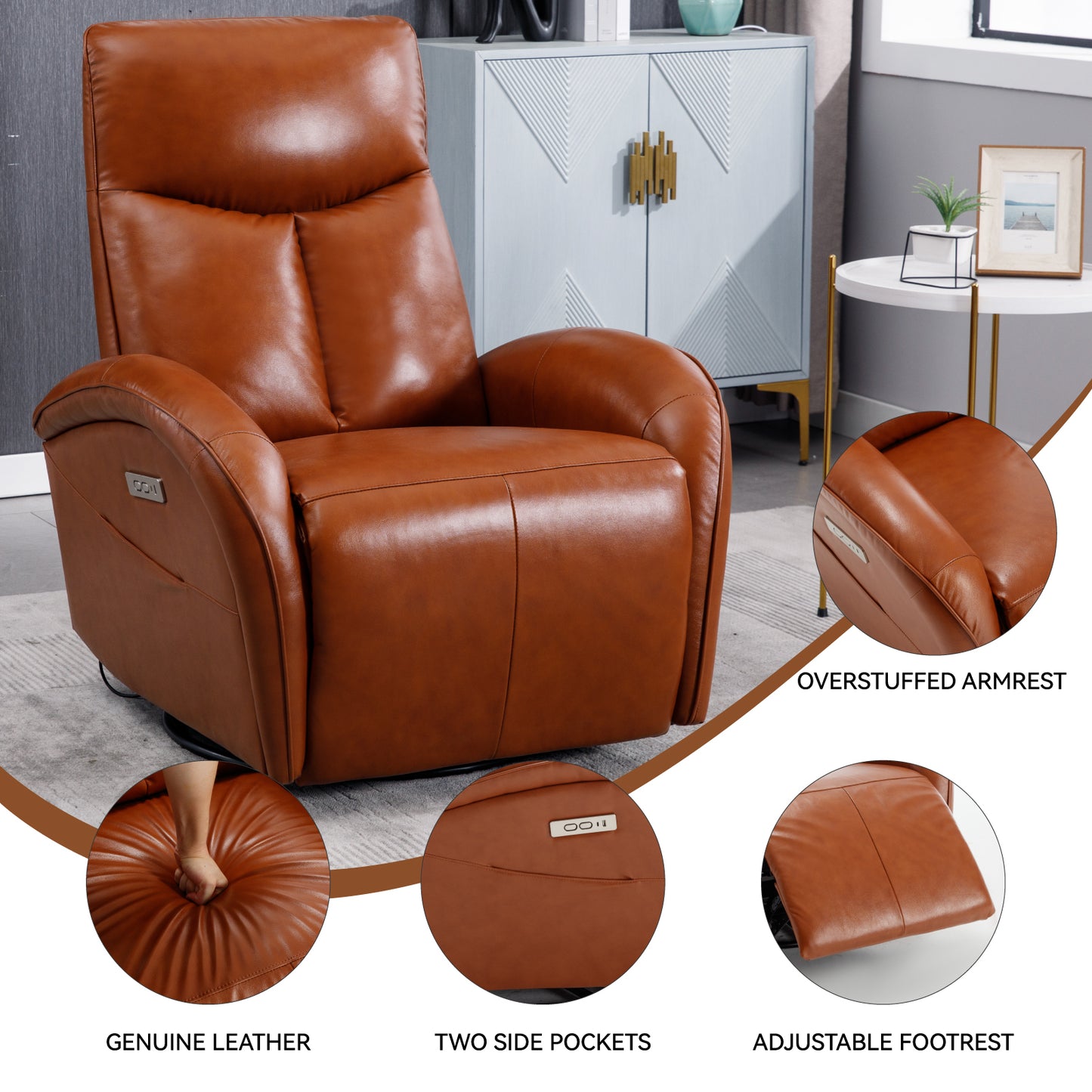Vince Swivel and Rocker Power Recliner Chair - Brown