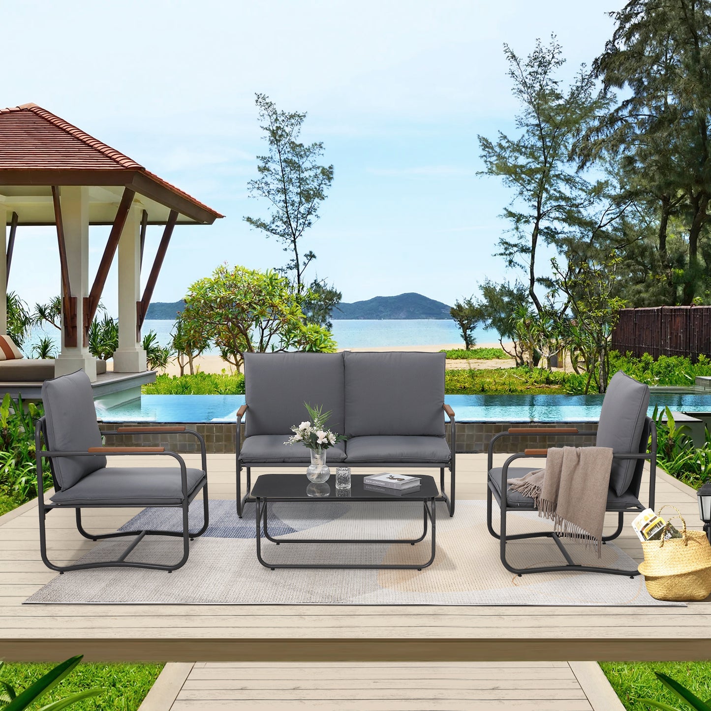 Santana 4 Pc Outdoor Deep Seating Conversation Sofa Set - Dark Gray