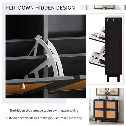 Rattan Boho Style Shoe Cabinet - Black